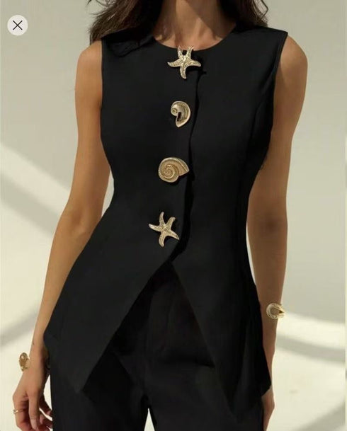 Metallic Button Sleeveless Fitted Vest